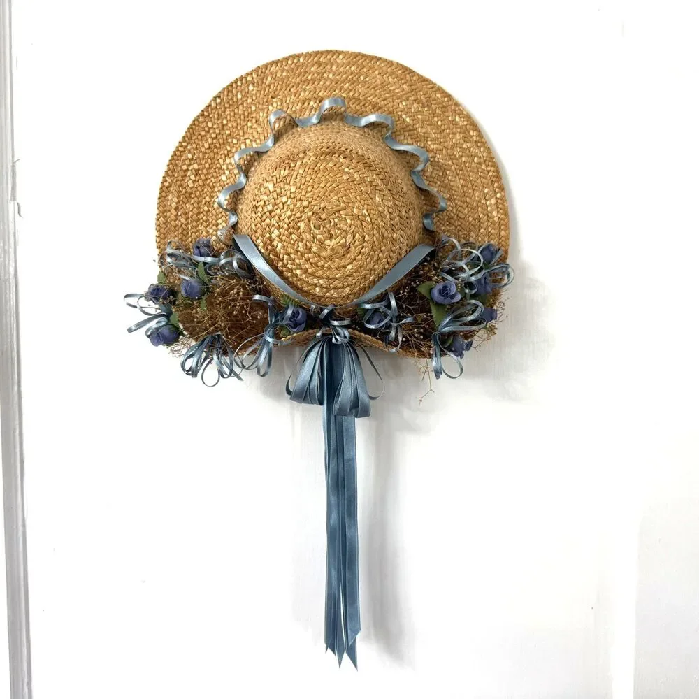 Straw Hat with Blue Flowers, Ribbons Grannycore Cottagecore Wall Decor Blue
